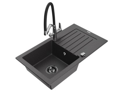 Granitový drez Mexen Pablo s 1 misou, odkapávačom a kuchynskou batériou Duo, čierny bodkovaný - 6510-76-671701-07-B