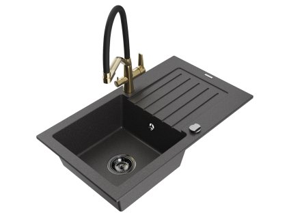 Granitový drez Mexen Pablo s 1 misou, odkapávačom a kuchynskou batériou Duo, čierny bodkovaný - 6510-76-671701-57-B