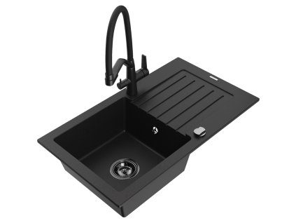 Granitový drez Mexen Pablo s 1 misou, odkapávačom a kuchynskou batériou Duo, čierny - 6510-77-671701-70-B