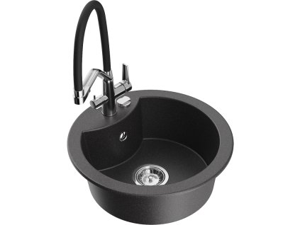 Granitový drez Mexen Diego s 1 misou a kuchynskou batériou Duo, čierna škvrnitá - 6512-76-671701-07