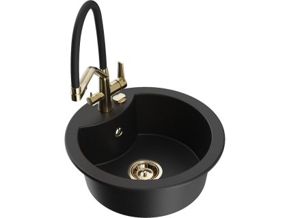 Granitový drez Mexen Diego s 1 misou a kuchynskou batériou Duo, čierny - 6512-77-671701-57-G