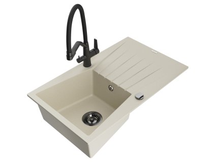Granitový drez Mexen Cesar s 1 misou, odkapávačom a kuchynskou batériou Duo, béžový - 6514-69-671701-70-B