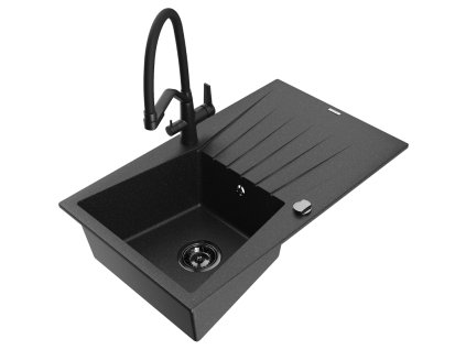 Granitový drez Mexen Cesar s 1 misou, odkapávačom a kuchynskou batériou Duo, čierna/strieborná metalíza - 6514-73-671701-70-B