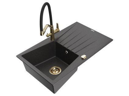 Granitový drez Mexen Cesar s 1 misou, odkapávačom a kuchynskou batériou Duo, čierny bodkovaný - 6514-76-671701-57-G