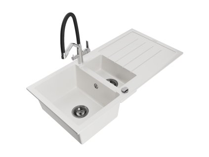 Granitový drez Mexen Andres s 1,5 misky, odkapávačom a kuchynskou batériou Duo, biely - 6515-20-671701-07-B