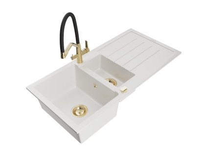 Granitový drez Mexen Andres s 1,5 misky, odkapávačom a kuchynskou batériou Duo, biely - 6515-20-671701-57-G