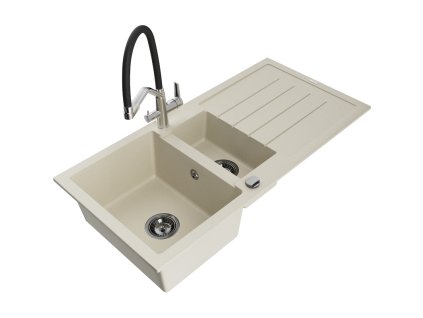 Granitový drez Mexen Andres s 1,5 misky, odkapávačom a kuchynskou batériou Duo, béžový - 6515-69-671701-07-B