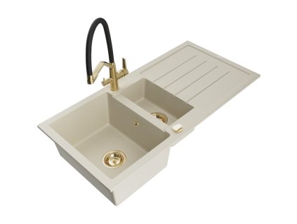 Granitový drez Mexen Andres s 1,5 misky, odkapávačom a kuchynskou batériou Duo, béžový - 6515-69-671701-57-G