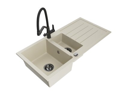 Granitový drez Mexen Andres s 1,5 misky, odkapávačom a kuchynskou batériou Duo, béžový - 6515-69-671701-70-B