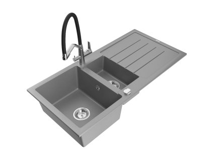 Granitový drez Mexen Andres s 1,5 misky, odkapávačom a kuchynskou batériou Duo, sivý - 6515-71-671701-07