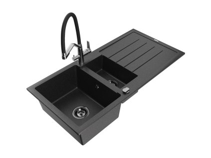 Granitový drez Mexen Andres s 1,5 miskou, odkapávačom a kuchynskou batériou Duo, čierny/strieborný - 6515-73-671701-07-B