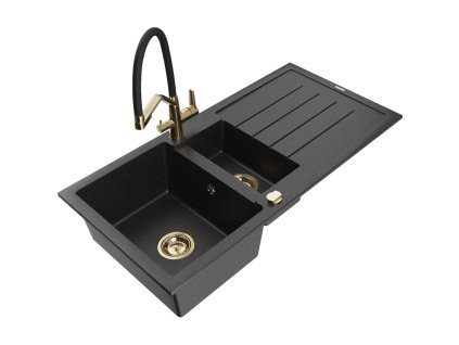 Granitový drez Mexen Andres s 1,5 miskou, odkapávačom a kuchynskou batériou Duo, čierny/strieborný - 6515-73-671701-57-G