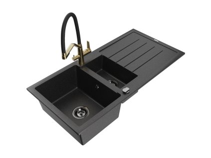 Granitový drez Mexen Andres s 1,5 miskou, odkapávačom a kuchynskou batériou Duo, čierny/strieborný - 6515-73-671701-57-B