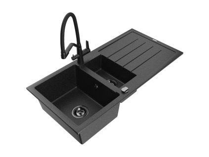 Granitový drez Mexen Andres s 1,5 miskou, odkapávačom a kuchynskou batériou Duo, čierny/strieborný - 6515-73-671701-70-B