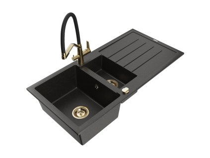 Granitový drez Mexen Andres s 1,5 misky, odkapávačom a kuchynskou batériou Duo, čierna/zlatá metalíza - 6515-75-671701-57-G