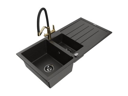 Granitový drez Mexen Andres s 1,5 misky, odkapávačom a kuchynskou batériou Duo, čierna/zlatá metalíza - 6515-75-671701-57-B