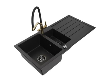 Granitový drez Mexen Andres s 1,5 misky, odkapávačom a kuchynskou batériou Duo, čierny - 6515-77-671701-57-B