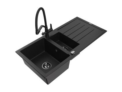 Granitový drez Mexen Andres s 1,5 misky, odkapávačom a kuchynskou batériou Duo, čierny - 6515-77-671701-70-B