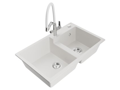 Granitový drez Mexen Tomas s 2 misami a kuchynskou batériou Duo, biely - 6516-20-671701-02