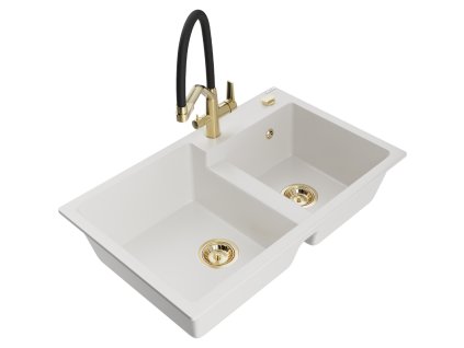 Granitový drez Mexen Tomas s 2 misami a kuchynskou batériou Duo, biely - 6516-20-671701-57-G