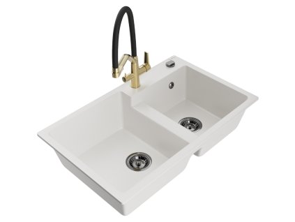 Granitový drez Mexen Tomas s 2 misami a kuchynskou batériou Duo, biely - 6516-20-671701-57-B