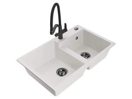 Granitový drez Mexen Tomas s 2 misami a kuchynskou batériou Duo, biely - 6516-20-671701-70-B