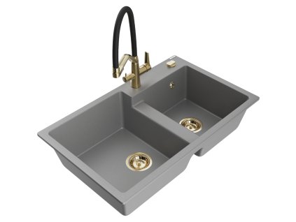 Granitový drez Mexen Tomas s 2 misami a kuchynskou batériou Duo, sivý - 6516-71-671701-57-G