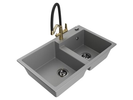 Granitový drez Mexen Tomas s 2 miskami a kuchynskou batériou Duo, sivý - 6516-71-671701-57-B