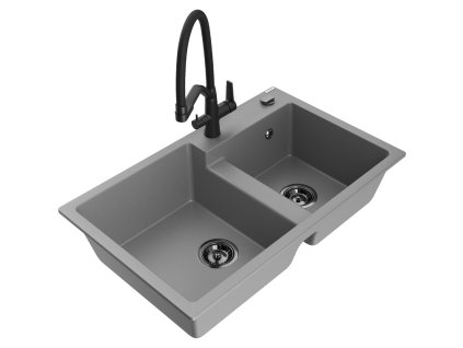 Granitový drez Mexen Tomas s 2 miskami a kuchynskou batériou Duo, sivý - 6516-71-671701-70-B