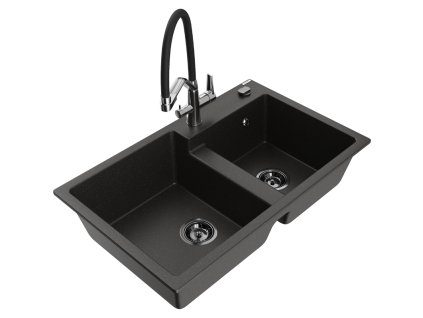 Granitový drez Mexen Tomas s 2 miskami a kuchynskou batériou Duo, čierna/zlatá metalíza - 6516-75-671701-07-B