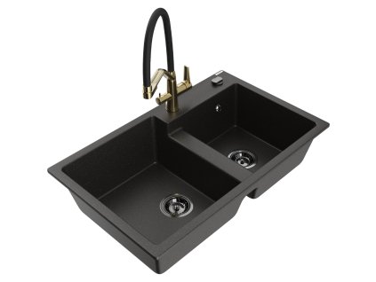 Granitový drez Mexen Tomas s 2 misami a kuchynskou batériou Duo, čierna/zlatá metalíza - 6516-75-671701-57-B