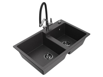 Mexen Tomas 2-komorový granitový drez s kuchynskou batériou Duo, čierna škvrnitá - 6516-76-671701-07-B