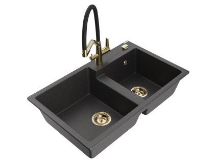 Mexen Tomas 2-komorový granitový drez s kuchynskou batériou Duo, čierna škvrnitá - 6516-76-671701-57-G