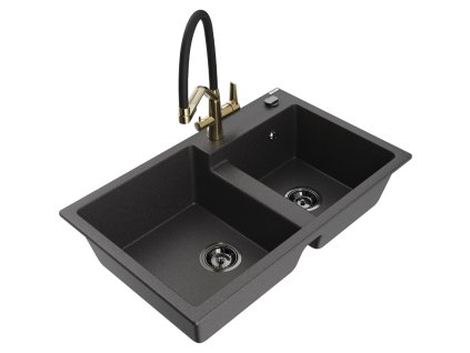 Mexen Tomas 2-komorový granitový drez s kuchynskou batériou Duo, čierna škvrnitá - 6516-76-671701-57-B