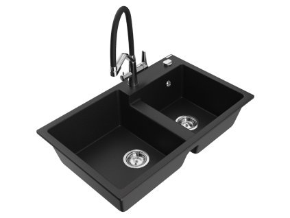 Granitový drez Mexen Tomas s 2 misami a kuchynskou batériou Duo, čierny - 6516-77-671701-07