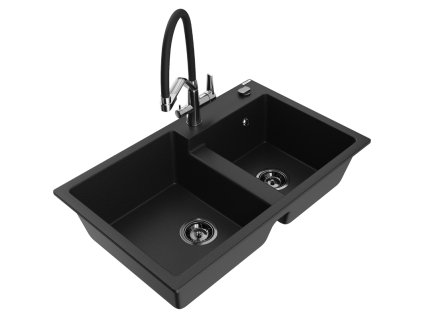 Granitový drez Mexen Tomas s 2 misami a kuchynskou batériou Duo, čierny - 6516-77-671701-07-B