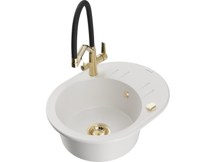 Granitový drez Mexen Kevin s 1 misou a kuchynskou batériou Duo, biely - 6517-20-671701-57-G