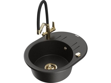 Granitový drez Mexen Kevin s 1 misou a kuchynskou batériou Duo, čierna/zlatá metalíza - 6517-75-671701-57-G