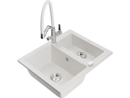 Granitový drez Mexen Carlos s 1,5 misky a kuchynskou batériou Duo, biely - 6518-20-671701-02