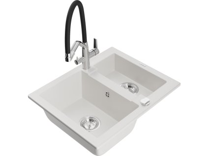 Granitový drez Mexen Carlos s 1,5 misky a kuchynskou batériou Duo, biely - 6518-20-671701-07