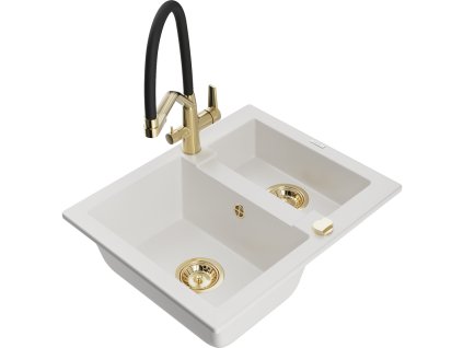 Granitový drez Mexen Carlos s 1,5 misky a kuchynskou batériou Duo, biely - 6518-20-671701-57-G