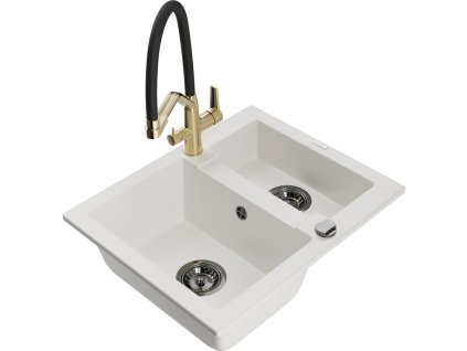 Granitový drez Mexen Carlos s 1,5 misky a kuchynskou batériou Duo, biely - 6518-20-671701-57-B