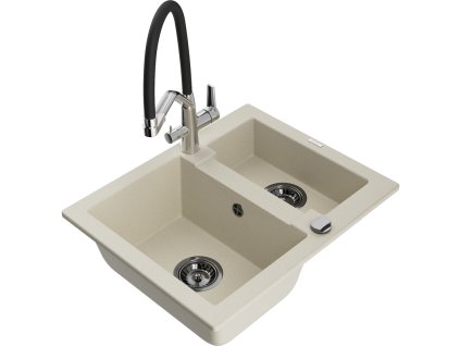 Granitový drez Mexen Carlos s 1,5 miskou a kuchynskou batériou Duo, béžový - 6518-69-671701-07-B