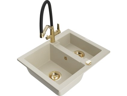 Granitový drez Mexen Carlos s 1,5 miskou a kuchynskou batériou Duo, béžový - 6518-69-671701-57-G