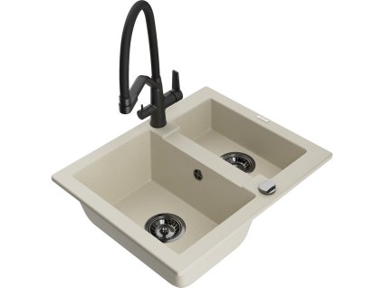 Granitový drez Mexen Carlos s 1,5 miskou a kuchynskou batériou Duo, béžový - 6518-69-671701-70-B