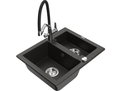 Granitový drez Mexen Carlos s 1,5 misky a kuchynskou batériou Duo, čierna/zlatá metalíza - 6518-75-671701-07