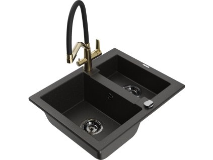 Granitový drez Mexen Carlos s 1,5 miskou a kuchynskou batériou Duo, čierna/zlatá metalíza - 6518-75-671701-57-B