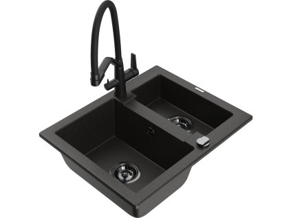 Granitový drez Mexen Carlos s 1,5 miskou a kuchynskou batériou Duo, čierna/zlatá metalíza - 6518-75-671701-70-B