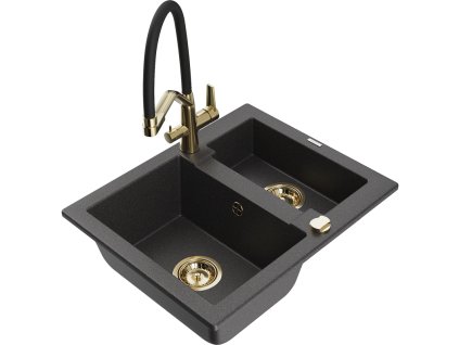 Granitový drez Mexen Carlos s 1,5 misky a kuchynskou batériou Duo, čierna škvrnitá - 6518-76-671701-57-G