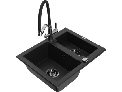 Granitový drez Mexen Carlos s 1,5 misky a kuchynskou batériou Duo, čierny - 6518-77-671701-07-B